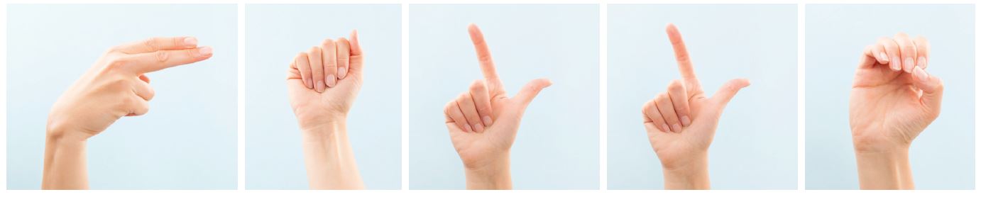 Fuenf Handzeichen in Gebaerdensprache