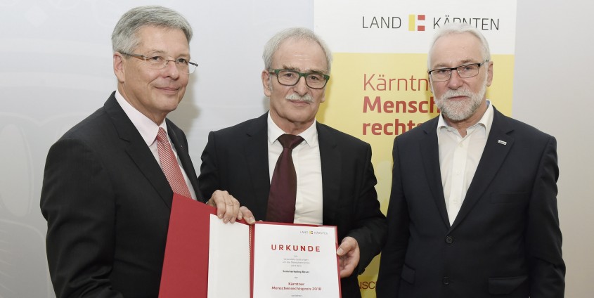 Menschenrechtspreis 2018 des Landes Kärnten mit Landeshauptmann Peter Kaiser, Vladimir Wakounig und Bischofsvikar Josef Marketz