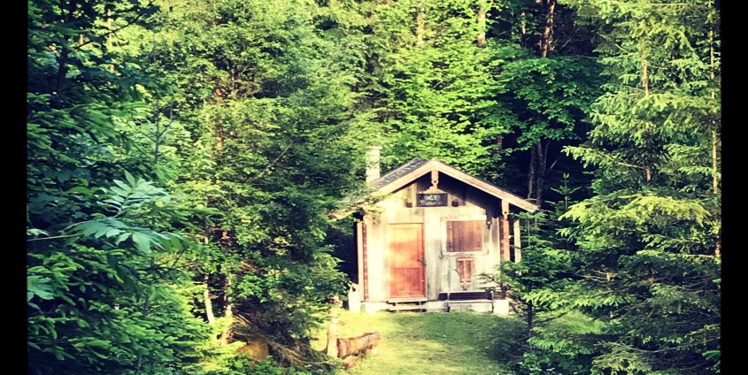 Holzhütte im Wald, Ankündigungsfoto Kinderliteraturveranstaltung