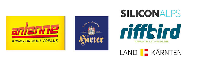 Verschiedene Logos: Antenne, Hirter, Silicon Alps, Riffbird, Land Kärnten