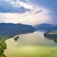 Summer rain and stormy weather. Danube river valley panorama.