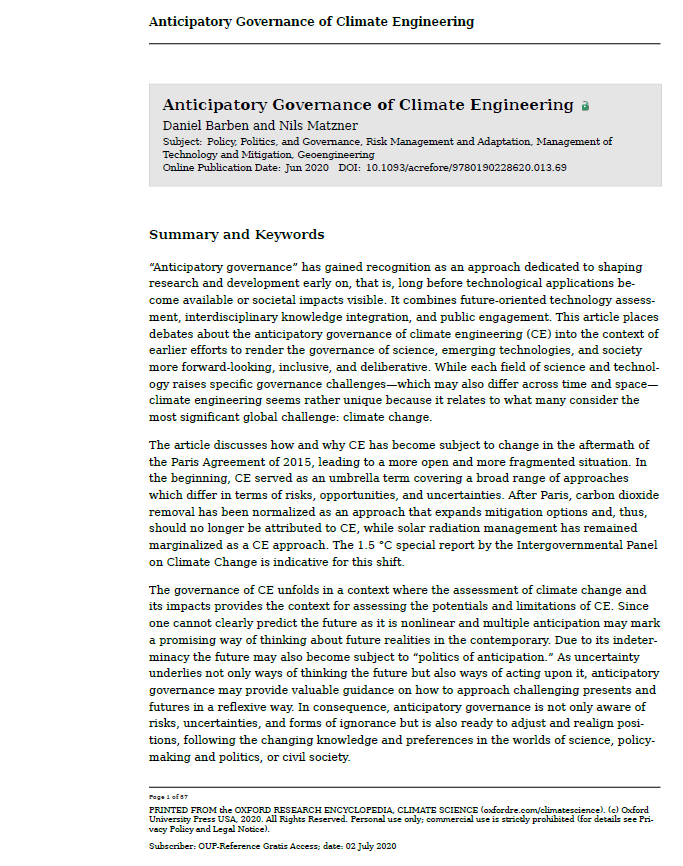 Paper: Anticipatory Governance of Climate Engineering