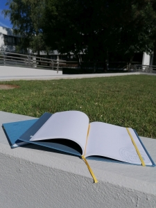Foto von einem Notizbuch, 160 Seiten, 19 x 25 cm blauer Leineneinband mit Logoprägung, gelbes Lese- und Gummiband auf der Mauer vor der Wiese im Bereich des Haupteingangs