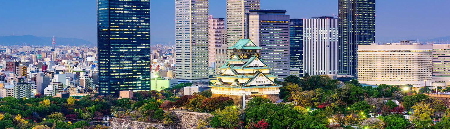 Osaka, Japan skyline at Osaka Castle Park