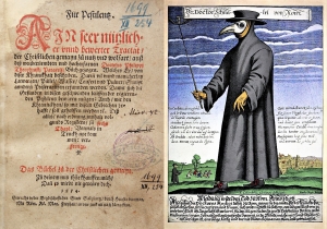Für Pestilentz, 1554: Titelblatt. Rechts: Paul Fürst: Der Doctor Schnabel von Rom, Kolorierter Kupferstich eines Pestdoktors, ca. 1656)