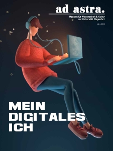 Cover ad astra Ausgabe 11 März 2022 - Grafik mit einer schwebenden Person, die mit Kopfhörern an einem Laptop schreibt