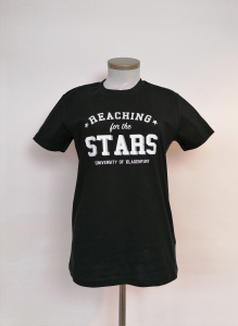 T-Shirt der Uni Klagenfurt, limited edition, schwarz, Aufdruck "Reaching for the stars"