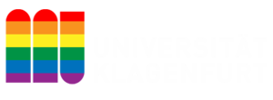 Logo der Universität Klagenfurt mit dem Key Visual in den Pride Day Farben