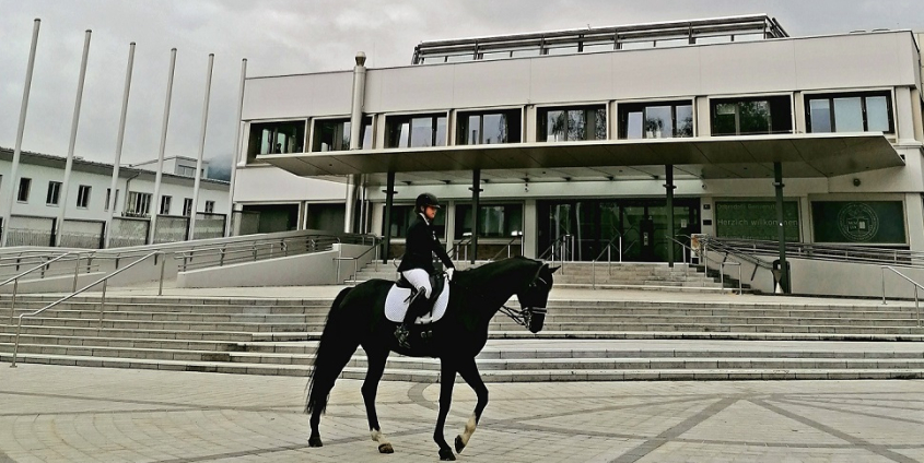 Julia Sciancalepore am Pferd vor der Uni