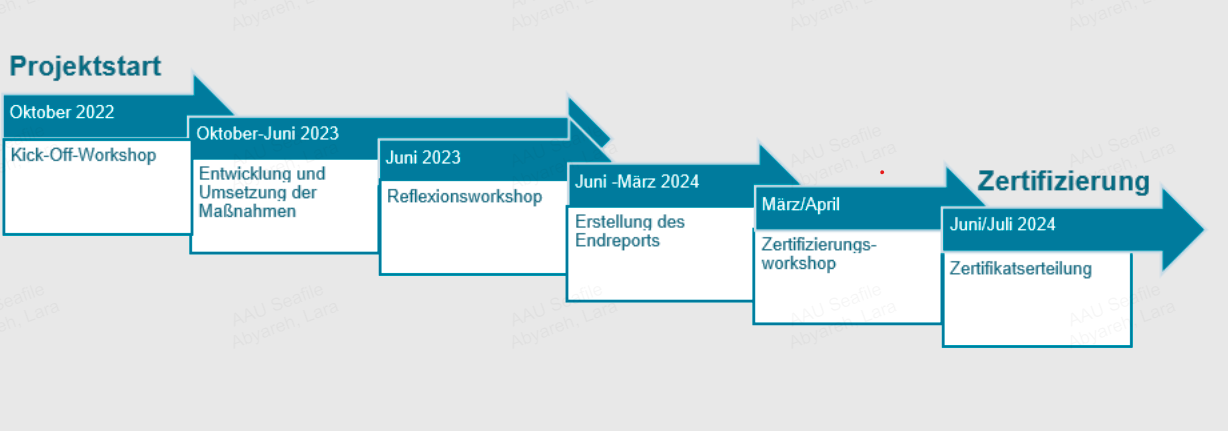 Ablauf nach Audit-Start (eigene Darstellung) Im Oktober 2022 wird der Kick-off-Workshop stattfinden. Von Oktober 2022 bis Juni 2023 sollen die Maßnahmen der Diversitätsstrategie erstellt und umgesetzt werden. Daraufhin soll es im Juni 2023 einen Reflexionsworkshop geben. Von Juni 2023 bis März 2024 soll dann der Endreport des Audits erstellt werden. Im März und April wird ein Zertifizierungsworkshop stattfinden. Das Zertifikat wird der Universität Klagenfurt dann offiziell im Juni/Juli 2024 erteilt werden.