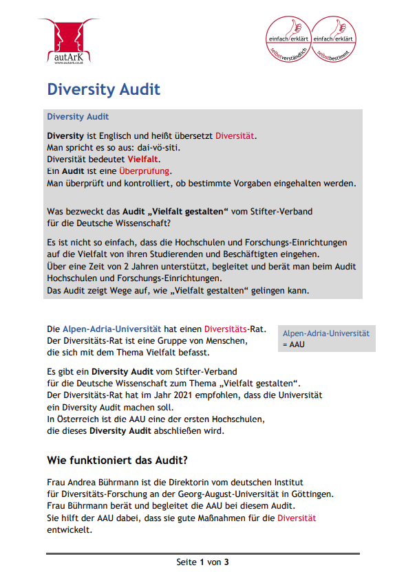 Das Bild zeigt den in der Webseite enthaltenden Text in PDF-Form und anhand der Originalübersetzung in einfache Sprache von autArK.