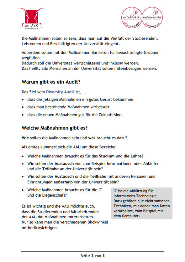 Das Bild zeigt den in der Webseite enthaltenden Text in PDF-Form und anhand der Originalübersetzung in einfache Sprache von autArK.