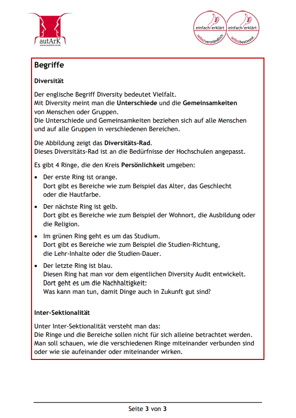 Das Bild zeigt den in der Webseite enthaltenden Text in PDF-Form und anhand der Originalübersetzung in einfache Sprache von autArK.