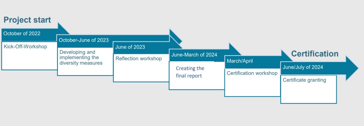 In October of 2022, the Kick-off-Workshop will take place. From October 2022 until June 2023, the measures regarding the diversity strategy will be developed and implemented. After that, the reflection workshop will take place in June of 2023. From June 2023 until March 2024, the final report will be designed. In March and April, the certification workshop will be held. The certificate will officially be granted to the University of Klagenfurt in June/July 2024.