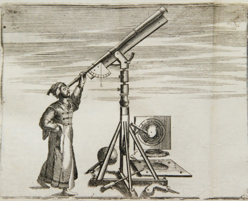 Der Sterngucker. Kupferstich aus Vincenzo Coronellis Epitome Cosmografica. 1693. S. 208.