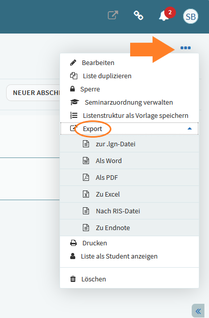 Dieser Screenshot zeigt einen Ausschnitt des Literaturlistenverwaltungsprogramms BeriLo. Erklärt wird der Export der angelegten Liste in verschiedene Formate. Ein oranger Pfeil zeigt auf das Menü, gekennzeichnet durch drei Punkte. Das Word Export ist orange umrandet.