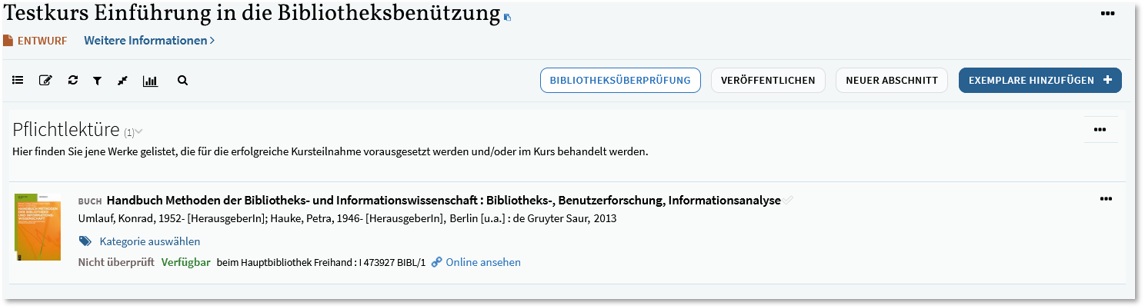 Der Screenshot zeigt einen Ausschnitt der Literaturlistenverwaltungssoftware BeriLo mit einer erfolgreich zur Liste hinzugefügten Ressource.
