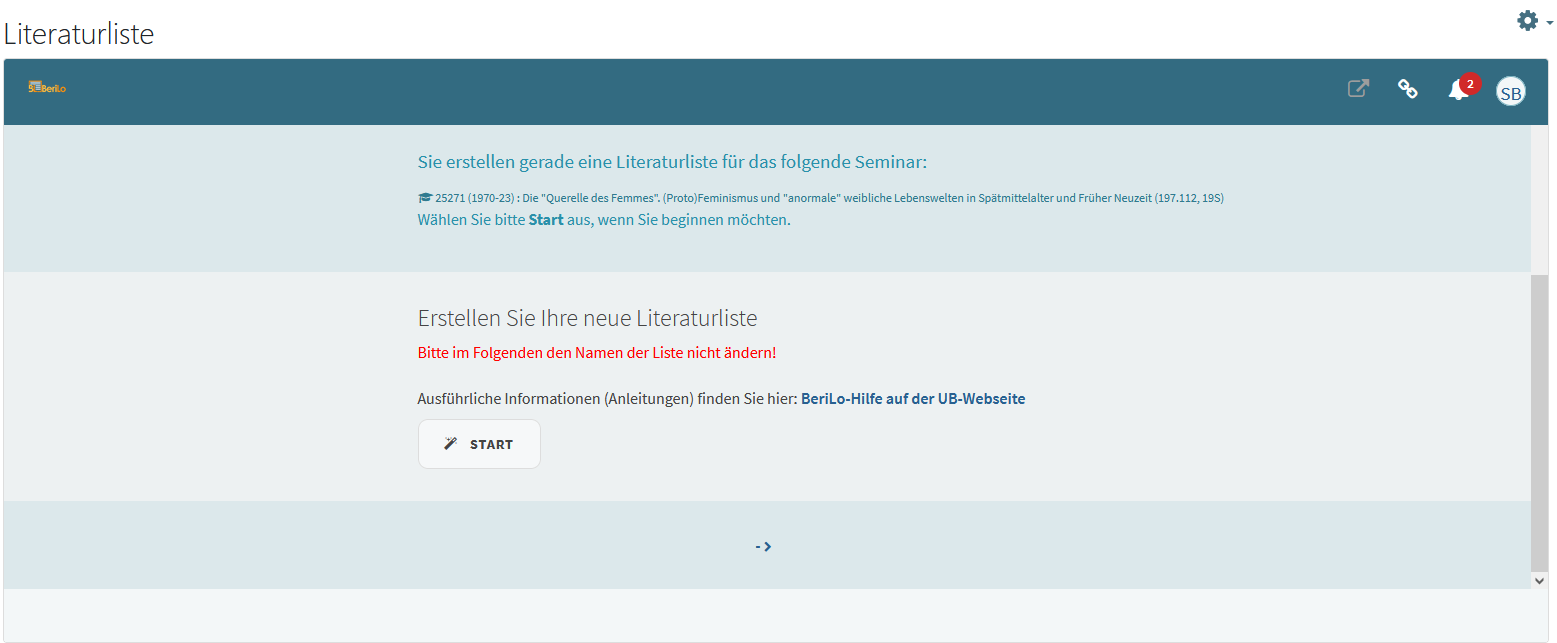 Dieser Screenshot zeigt den unteren Teil des Startmenüs der Literaturlistenverwaltungssoftware BeriLo. Das Programm fordert den/die User:in dazu auf eine neue Literaturliste zu erstellen.