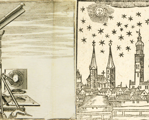 Coronelli Cosmografica 1693. S. 208. - Der Komet über der Stadt Augsburg 1618. Holzschnitt