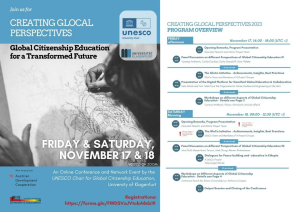 Poster invitation to the online conference "Creating Glocal Perspectives - Global Citizenship Education for a Transformed Future", held on November 17th and 18th.