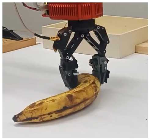 Robot grasping a soft banana with sensorized fingers width=