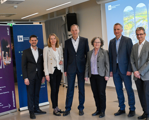 University meets Industry; von links: Wolfgang Pucher, Claudia Mischensky, Clemens Heuberger, Martina Merz, Bernhard Rinner, Hermann Hellwagner