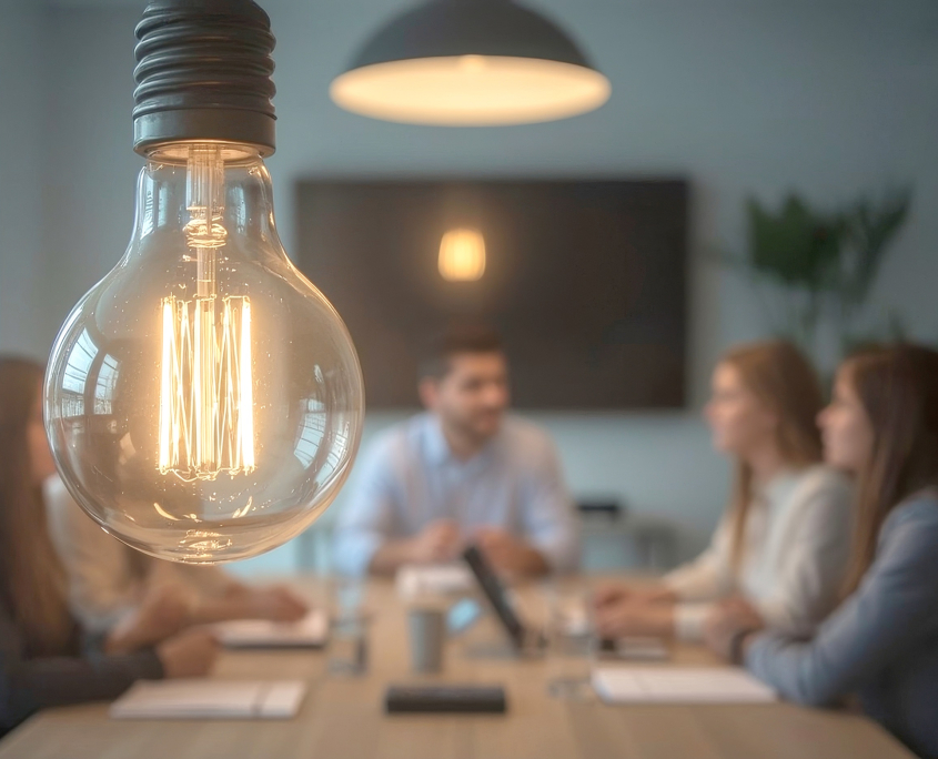 Die Universität Klagenfurt unterstützt den Transfer von Ideen in die Praxis und begleitet Studierende, Mitarbeiter:innen und Alumni auf dem Weg zur Umsetzung. | Foto: Adobestock/1569964742/Ada Fünf Personen sitzen um Tisch in einem Meetingraum, im Vordergrund sieht man eine erleuchtete Glühbirne.