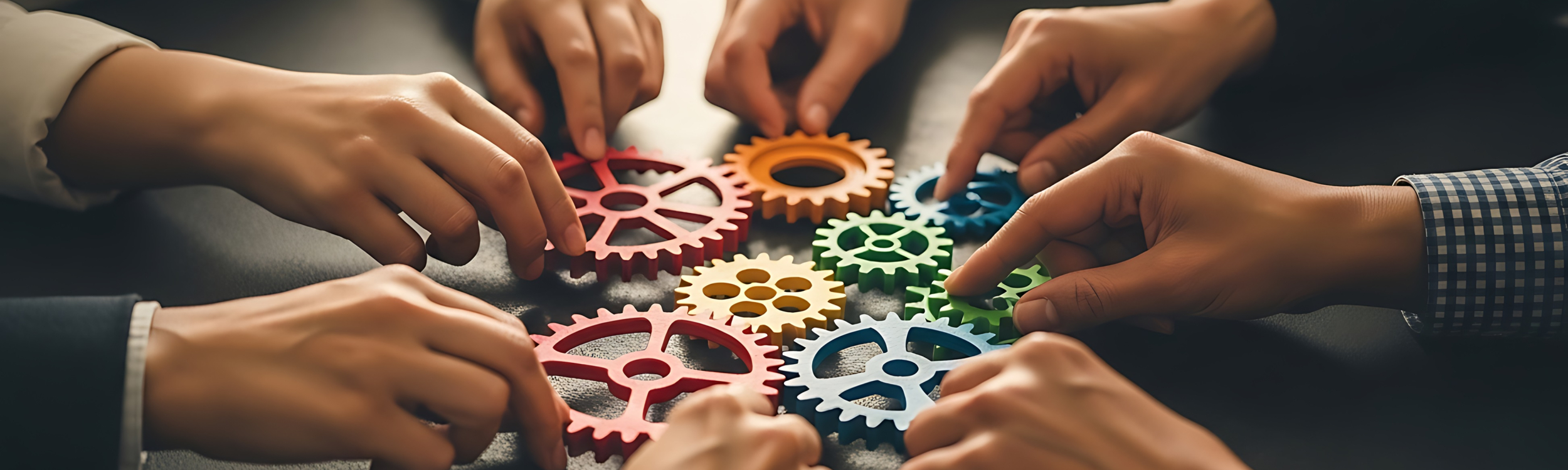 Arbeiten Sie mit der Universität Klagenfurt zusammen: Frühzeitiger Zugang zu Ihren potentiellen Fachkräften von morgen und Zugang zum aktuellen Forschungsstand! | Foto: Adobestock/1790046577/Hadi Incredible Acht Hände fassen an einen horizontalen Aufbau von Zahnrädern verschiedener Größe und Farbe.